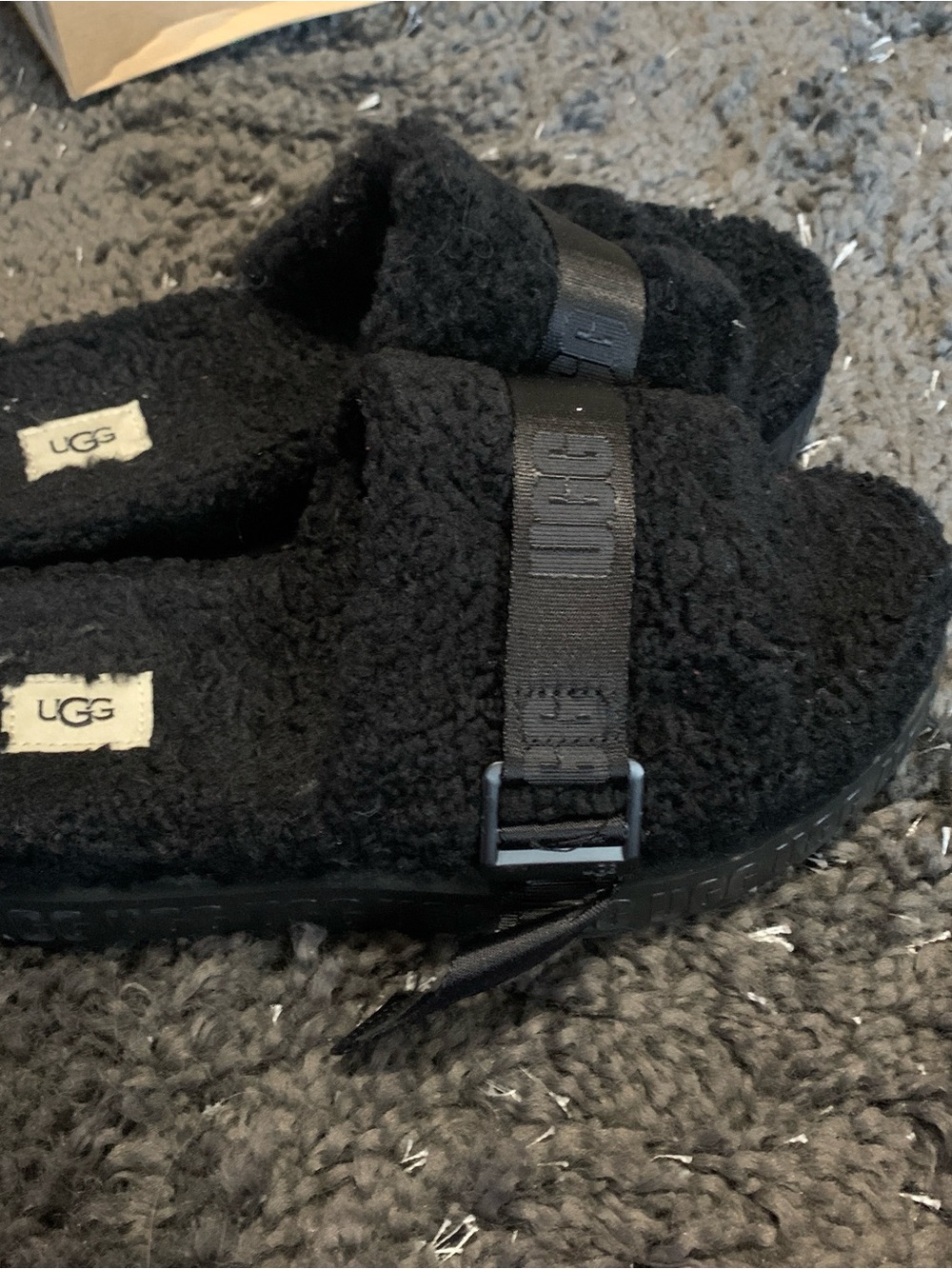 UGG Black Plush Slide with Branded Strap WITH GLUE STAIN!!!! On THE INSIDE